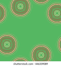 Seamless pattern of circular oriental motif, doodles,  ellipses, stripes, zigzags, waves,hole, copy space. Hand drawn.