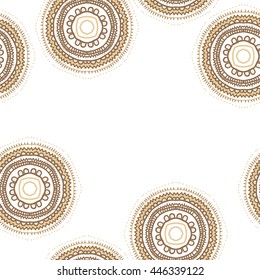 Seamless pattern of circular oriental motif, doodles,  ellipses, stripes, zigzags, waves,hole, copy space. Hand drawn.