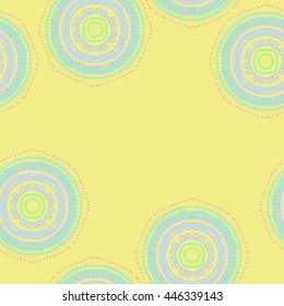 Seamless pattern of circular oriental motif, doodles,  ellipses, stripes, zigzags, waves,hole, copy space. Hand drawn.