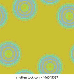 Seamless pattern of circular oriental motif, doodles,  ellipses, stripes, zigzags, waves,hole, copy space. Hand drawn.