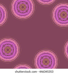 Seamless pattern of circular oriental motif, doodles,  ellipses, stripes, zigzags, waves,hole, copy space. Hand drawn.