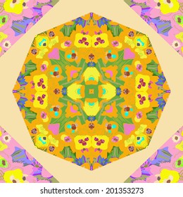 Seamless pattern from circular ornament with eshsholtsiya California and floral motifs.