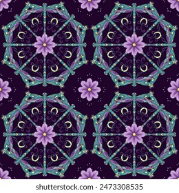 Seamless pattern with circular ornament like mandala with chamomile flower in center, fantasy colored dragonfly with curled antennae. Geometric background. Art Nouveau style.