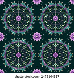 Seamless pattern with circular ornament like mandala with chamomile flower in center, fantasy colored dragonfly with curled antennae. Geometric background. Art Nouveau style.