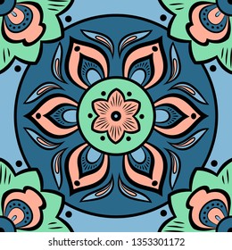 Seamless pattern with circular ornaments in blue, dark blue, pink and green tones