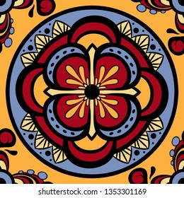 Seamless pattern with circular ornaments in dark blue, red, orange and yellow tones