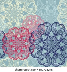 Seamless pattern with circular ornaments like a snowflakes or lace. Can be used as a background for greeting cards,  invitation, business style, print on clothes or else. Vector drawing in blue colors