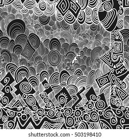 Seamless pattern with circular, radial, angular, linear, wavy lines. Endless abstract vector background