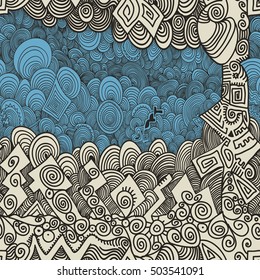 Seamless pattern with circular, radial, angular, linear, wavy lines. Endless abstract vector background