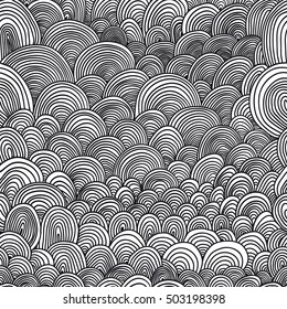 Seamless pattern with circular, radial, linear, wavy lines. Sea, Sky, Clouds, Earth. Endless abstract vector background,