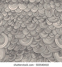 Seamless pattern with circular, radial, linear, wavy lines. Sea, Sky, Clouds, Earth. Endless abstract vector background,