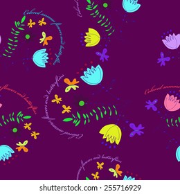 Seamless pattern, circular text , floral motif   on a dark pink      background. Hand drawn.