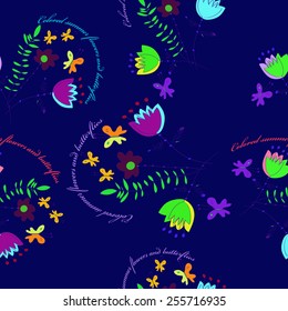 Seamless pattern, circular text, floral motif    on a  dark blue     background. Hand drawn.