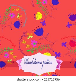 Seamless pattern , circular text, label, floral motif    on a pale pink       background. Hand drawn.