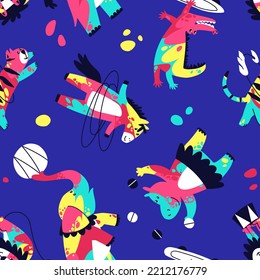 Seamless pattern of circus animals painted with multi-colored bright paints. Animal tricks with circus items. Crocodile, tiger, lion, elephant, horse, hippopotamus. flat vector illustration