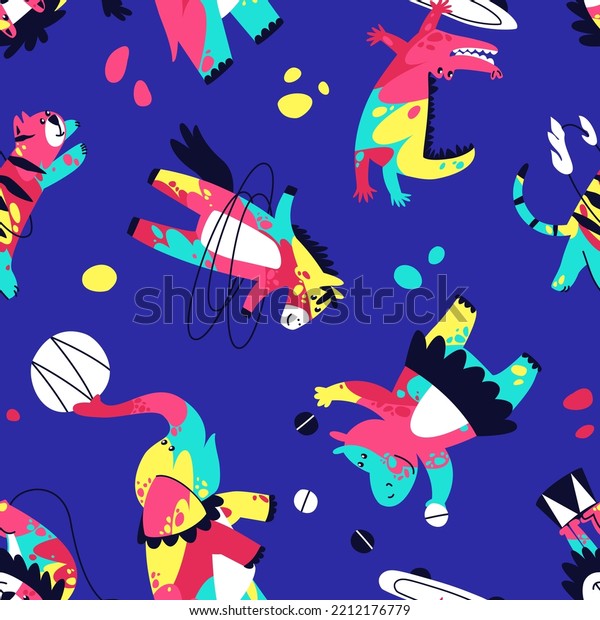 Seamless\
pattern of circus animals painted with multi-colored bright paints.\
Animal tricks with circus items. Crocodile, tiger, lion, elephant,\
horse, hippopotamus. flat vector\
illustration