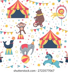 Padrão contínuo com animais de circo e tendas. Gráficos vetoriais.