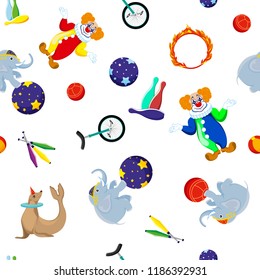 Seamless pattern with circus attributes: clown, elephant, seal, ball, Bicycle, bowling, burning Hoop. Vector