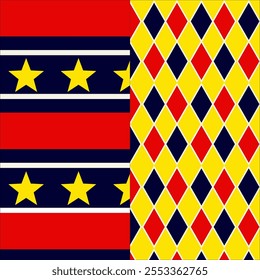 Seamless pattern with circus or carnival theme, with stars and stripes, colorful rhombuses like harlequin wallpaper.