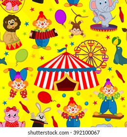 seamless pattern circus with clown and animals - vector illustration, eps