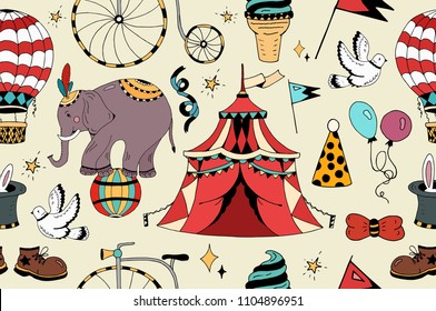 Seamless pattern Circus elements coloring set vector for design with magician rabbit balloon elephant isolated boots black and white hat magic