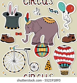 Seamless pattern Circus elements coloring set vector for design with magician rabbit balloon elephant isolated boots hat magic