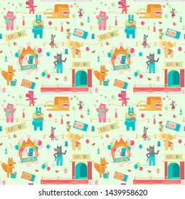 Seamless pattern circus, fair. Animals in the style of flat. Magician, juggler, trainer, acrobat, a spectator in the arena. Vector isolated illustration.