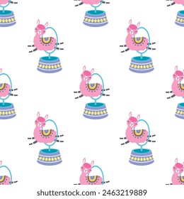 seamless pattern of circus llama character jumping into ring in cartoon style, flat vector illustration