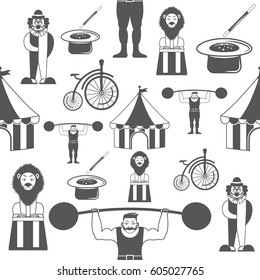 Seamless pattern circus in monochrome vintage style. Wallpaper for printing. Design background. Vector illustration for various creative projects.