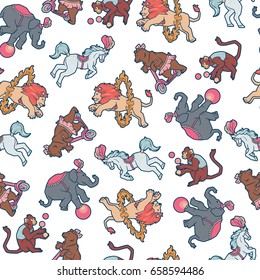 Seamless pattern Circus people and animals, elements.