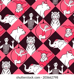 Seamless pattern with circus performers. Vector seamless texture for wallpapers, pattern fills, web page backgrounds