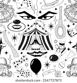 Seamless pattern with circus symbols and items with clowns, carnival tents, carousel, balloon isolated on white. Vector cartoon illustration