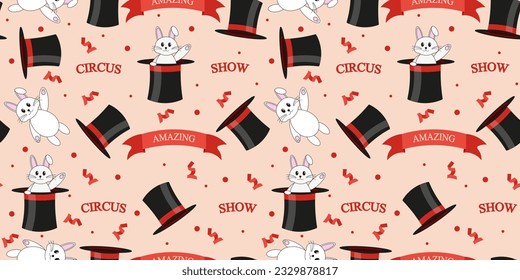 Seamless pattern with Circus symbols. Wallpaper and bed linen printing with Hare in the magician's Hat. Vector Art in vintage style with inscription Amazing Circus Show.