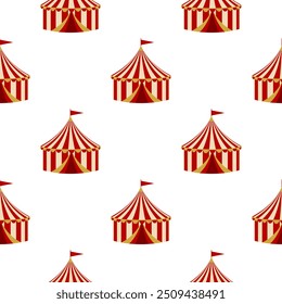 Seamless pattern with a circus tent. A background template with red and yellow striped circus tents with a flag on a white background. For carnival, textiles, wallpapers, and event decor.