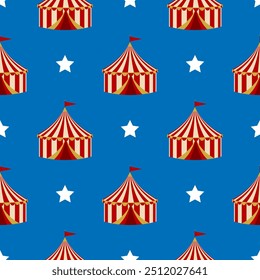 Seamless pattern with circus tent on blue background. Red and yellow striped circus tent and white stars on blue background. For carnival, textile, wallpaper and event decor.