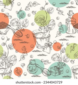 Seamless pattern with cissampelos pareira: leaves, cissampelos berries and cissampelos pareira plant. Oil, soap and bath salt . Cosmetics and medical plant. Vector hand drawn illustration