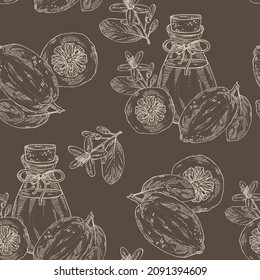 Seamless pattern with citron: fruts, citron flower, leaves and zedrate slice and bottle of citron essential oil. Cosmetic, perfumery and medical plant. Vector hand drawn illustratio