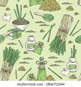 Seamless pattern with citronella, lemongrass plant, soap and bath salt . Cosmetic and medical plant. Vector hand drawn illustration. 