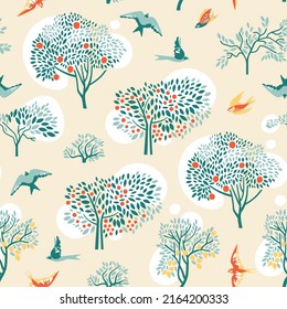 Seamless Pattern With Citrus And Apple Trees. Tree And Bird. Surface Design. Vector Illustration.