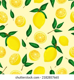 Seamless pattern of citrus cartoon lemon fruits on yellow background. Backdrop for wallpaper, print, textile, fabric, wrapping. Vector illustration