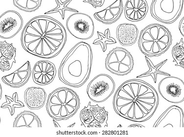  seamless pattern with citrus and exotic fruits. Vector