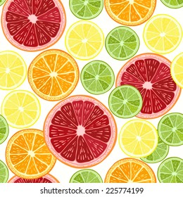 Seamless pattern with  citrus fruit - grapefruit, orange, lime and lemon. Hand drawn illustration.