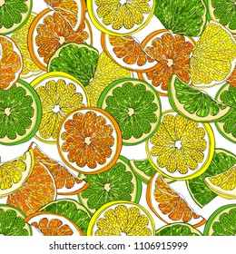Seamless pattern with citrus fruit. Lemon, lime and orange on white background.