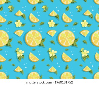 seamless pattern with citrus fruit lemon, whole and slices, with lemon leaves and flowers, bright colorful background for summer design, stylized vector graphics