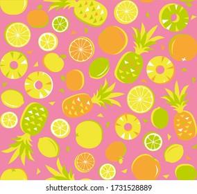 Seamless pattern of citrus fruit as pineapple lemon lime orange mandarin triangle, in pink yellow, graphic geometric abstract minimal retro vintage, fresh juicy pink background illustration in vector
