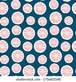 Seamless pattern with citrus fruit in pink blue colors. Wallpaper repeat design. Tropical food concept design for printable products. Vector illustration