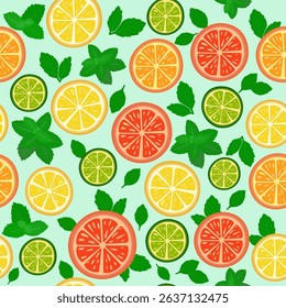 Seamless pattern with citrus fruit slices and mint leaves. Vector illustration on light green background.Suitable for textile, wrapping paper, kitchen decor.