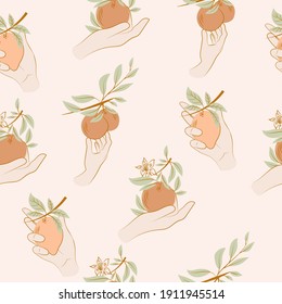 Seamless pattern with citrus fruit in Woman hand. Line art background. Editable vector illustration