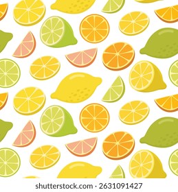 Nahtloses Muster mit Zitrusfrüchten. Hintergrund mit Zitrone, Orange, Limette und Grapefruit.