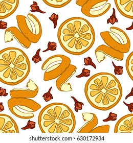 Seamless pattern of citrus fruits and cloves, vector illustration